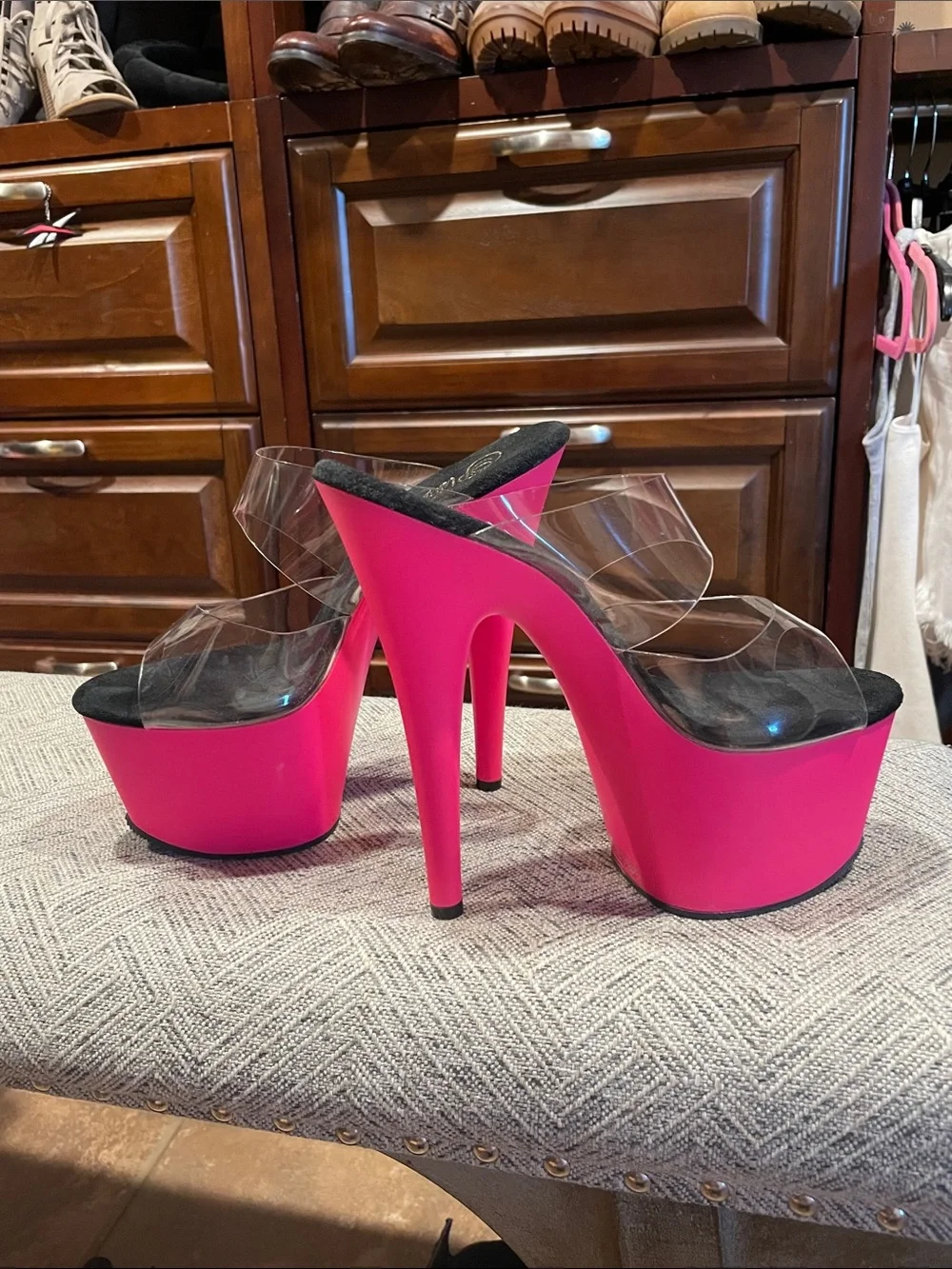 Pleaser Hot Pink Platform Clear-Strap Stiletto Mules